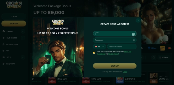 Crowngreen casino user account dashboard screen